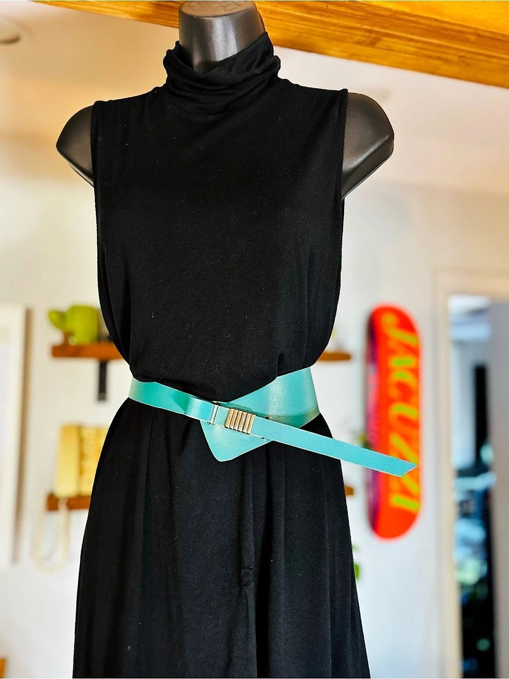 Vintage 1980s Teal Asymmetrical Waist Belt - Geometric Statement Belt Sz S/M30